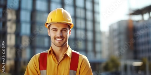 Beatiful confidence man builder worker in uniform and safety helmet smilling. Labour day. 
