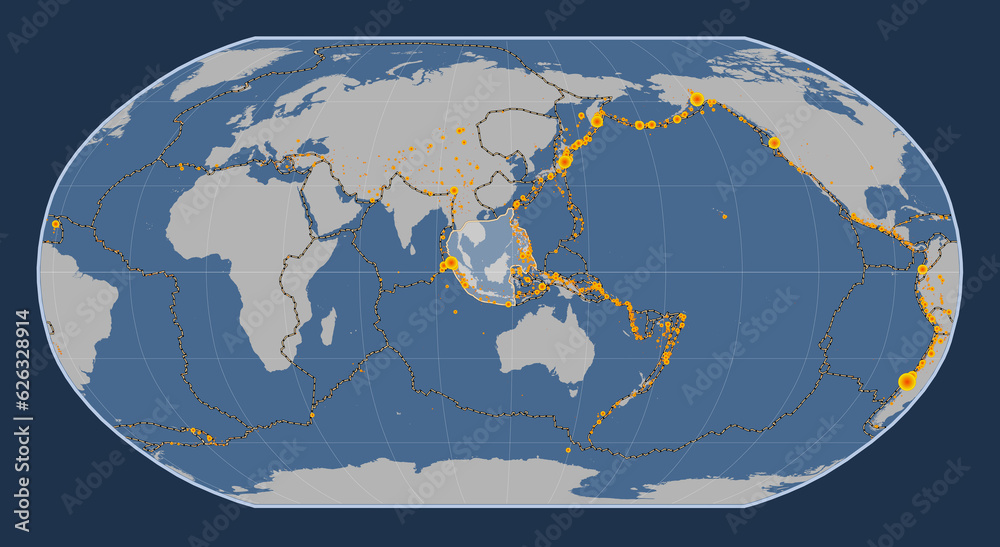 Sunda tectonic plate. Contour. Robinson. Earthquakes and boundaries