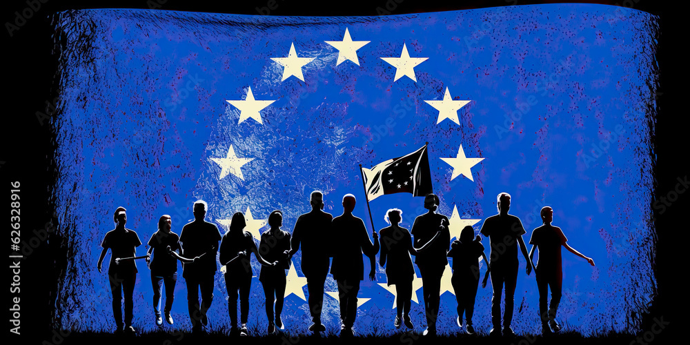 European Unity: Silhouettes of People Holding the Flag of EU - Generative AI - obrazy, fototapety, plakaty 