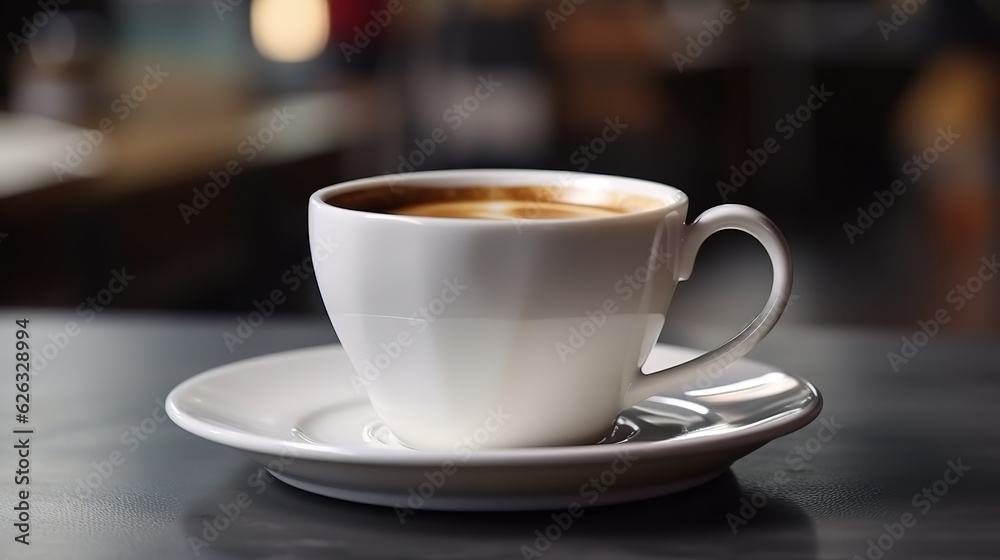 Black coffee in white cup with smoke and coffee beans on brown. Generative Ai Black coffee in white cup with smoke and coffee beans on brown. Generative Ai