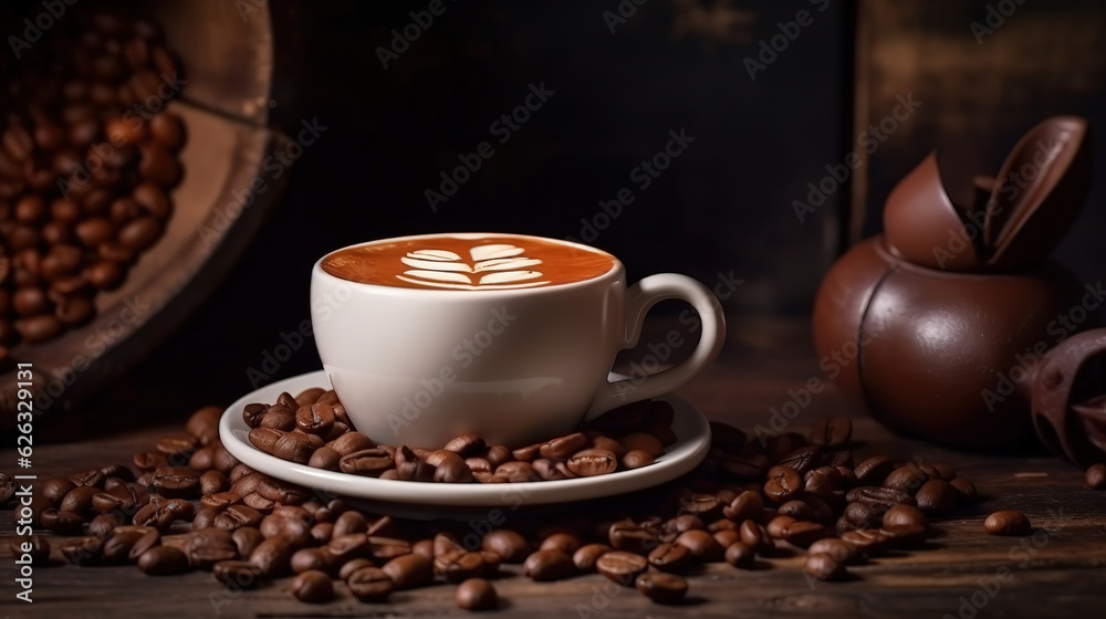 Cup of coffee latte and coffee beans on old wooden background. Generative Ai Cup of coffee latte and coffee beans on old wooden background. Generative Ai