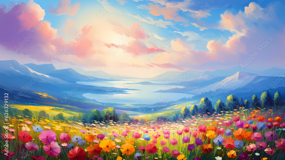  beautiful landscape with a vibrant sky and a field of flowers.