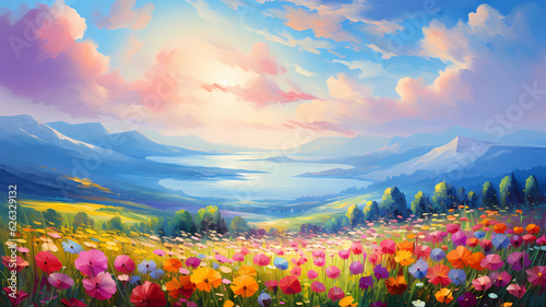  beautiful landscape with a vibrant sky and a field of flowers.