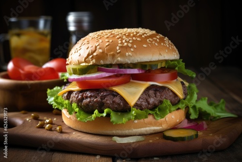 Classic burger on the wooden table, Juicy beef patty, Melted cheese, Crisp lettuce and sliced tomatoes, Pickles and onions, Toasted sesame seed bun, All-American favorite. Generative AI.