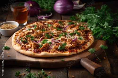 Rustic BBQ chicken pizza on the wooden board. Hand-tossed crust, Red onion, Cilantro, Tangy BBQ sauce, Homestyle comfort food. Generative AI.