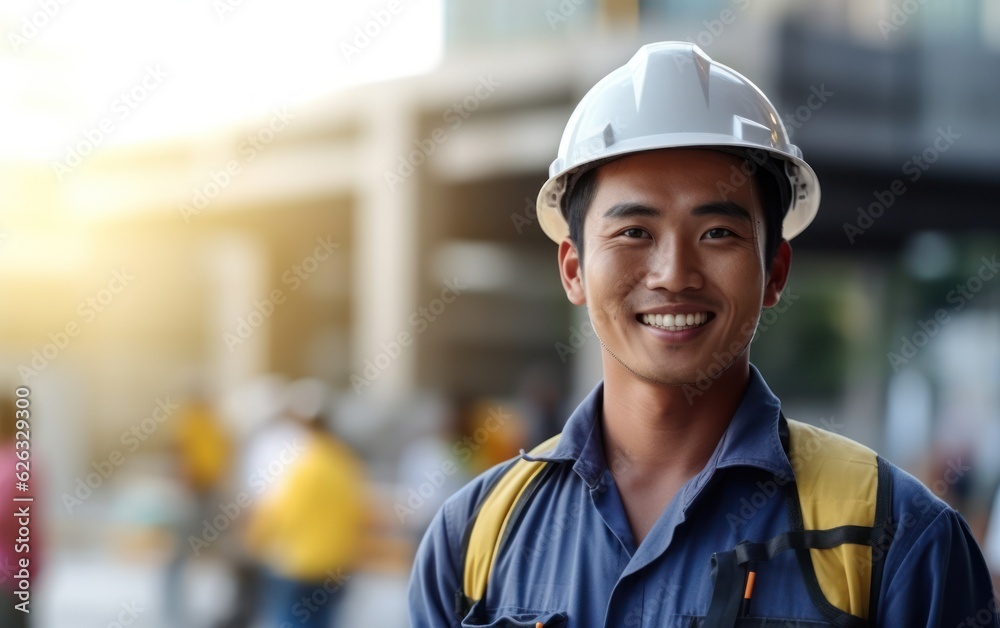 Beatiful confidence asian man builder worker in uniform and safety helmet smilling. Labour day. 
