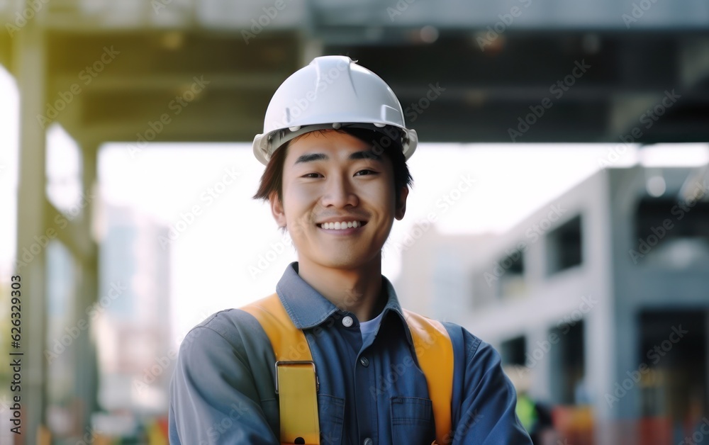 Beatiful confidence asian man builder worker in uniform and safety helmet smilling. Labour day. Beatiful confidence asian man builder worker in uniform and safety helmet smilling. Labour day.