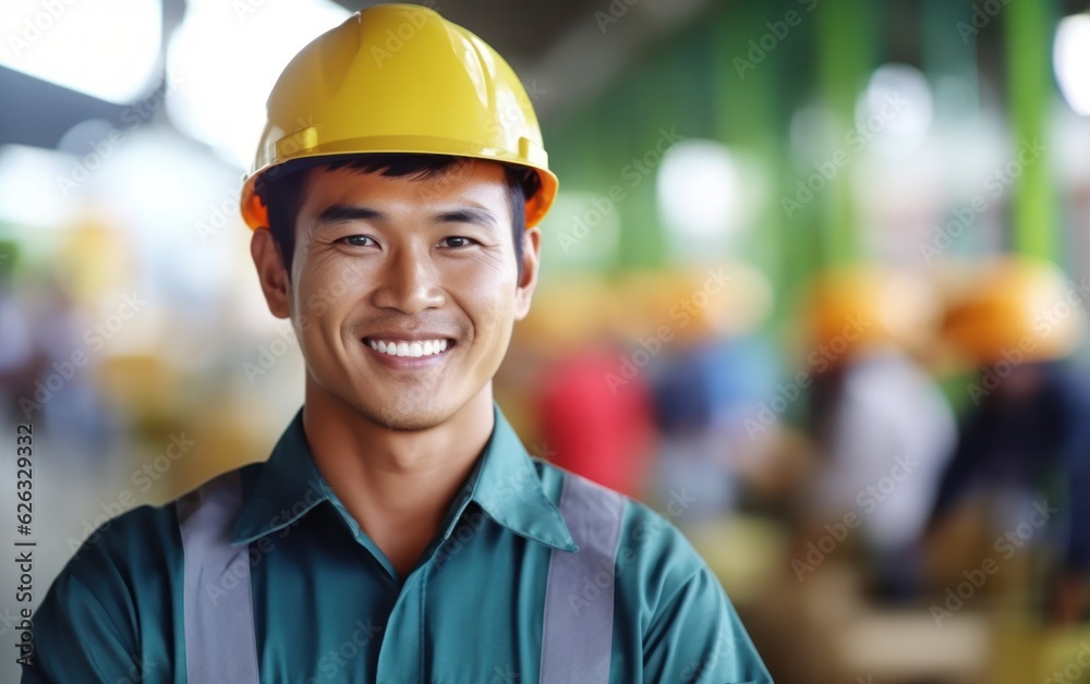 Beatiful confidence asian man builder worker in uniform and safety helmet smilling. Labour day. Beatiful confidence asian man builder worker in uniform and safety helmet smilling. Labour day.