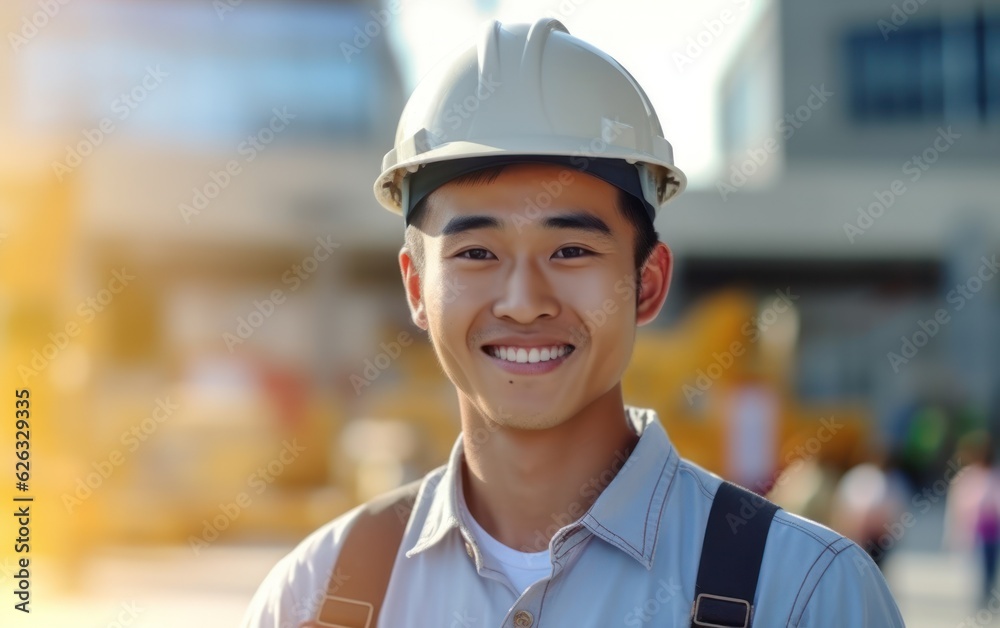 Beatiful confidence asian man builder worker in uniform and safety helmet smilling. Labour day. Beatiful confidence asian man builder worker in uniform and safety helmet smilling. Labour day.