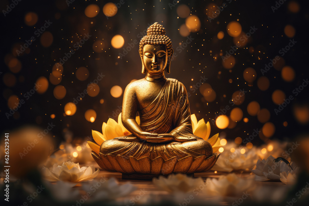 Buddha golden statue decorated with lotus blossoms, generative AI	