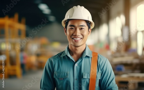 Beatiful confidence asian man builder worker in uniform and safety helmet smilling. Labour day. 