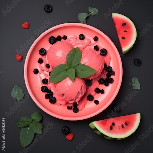 watermelon ice crem in a plate on a black background  photo