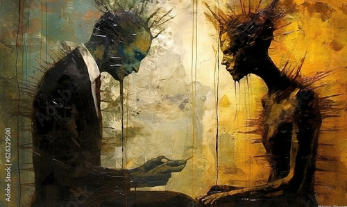 Faces of two grungy man, facing each other, mental disorder, bipolar,