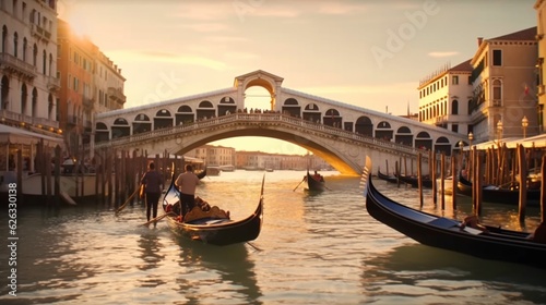 Romantic gondola ride near the iconic Rialto Bridge in Venice, Italy.