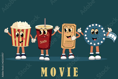 The heroes of the film are depicted in a retro style. Ticket and camera, popcorn and cola in the 90s style. In warm colors.  For posters, banners, Tickets and stickers.