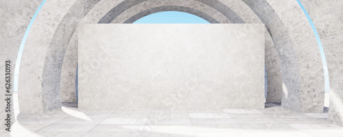 Empty concrete wall with cement arch for your design. Background for your design. Bright day. Concrete interior. 3D rendering.
