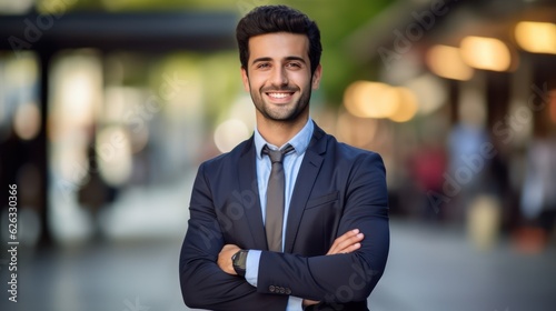 Portrait of handsome businessman looking at camera and smiling outdoors. Generative Ai. © Kowit