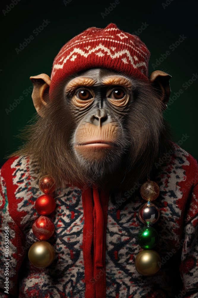 Monkey in Christmas sweater. Generative AI