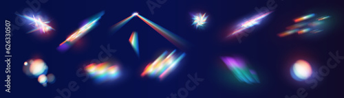 Set of colorful vector lenses and light flares with transparent effects. Iridescent crystal leak glare reflection effect. Optical rainbow lights, glare, leak, streak overlay. falling confetti. Vector