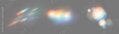 Set of colorful vector lenses and light flares with transparent effects. Iridescent crystal leak glare reflection effect. Optical rainbow lights, glare, leak, streak overlay. falling confetti. Vector