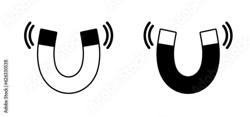 Danger magnetic field. The magnet is always on. Caution horseshoe magnet. Warning electromagnetic field and magnetic force. Positive, negative or north to south pole icon. Safety First.