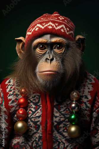 Monkey in Christmas sweater. Generative AI