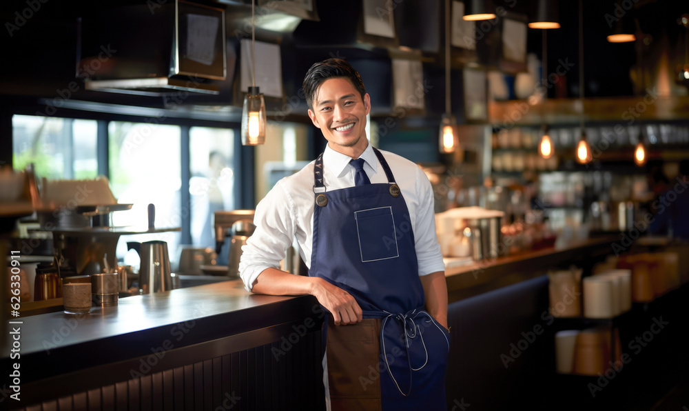The portrait depicts a contented man in uniform, skillfully crafting coffee as a barista The portrait depicts a contented man in uniform, skillfully crafting coffee as a barista