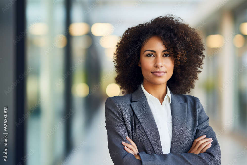 Obraz premium A portrait of a confident and proud African American woman symbolizing powerful corporate leadership. A representation of diversity and strength in the business world