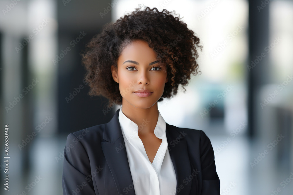 A portrait of a confident and proud African American woman symbolizing powerful corporate leadership. A representation of diversity and strength in the business world A portrait of a confident and proud African American woman symbolizing powerful corporate leadership. A representation of diversity and strength in the business world