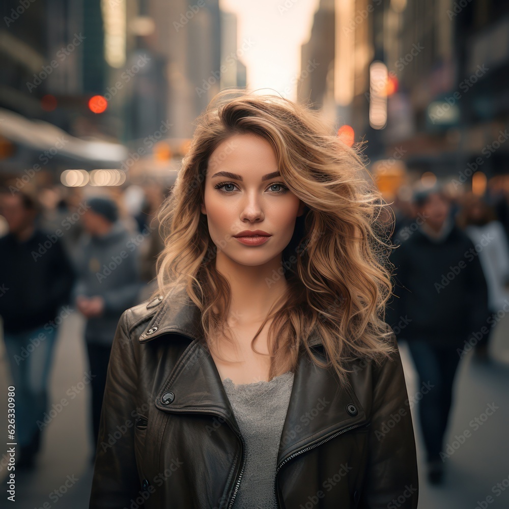 A beautiful woman portrait, city street with new york city as background. Generative AI. A beautiful woman portrait, city street with new york city as background. Generative AI.