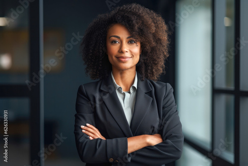 A portrait of a confident and proud African American woman symbolizing powerful corporate leadership. A representation of diversity and strength in the business world