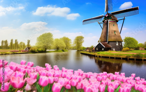 Landscape with tulips, traditional dutch windmills in Netherlands, Europe, Generative AI.