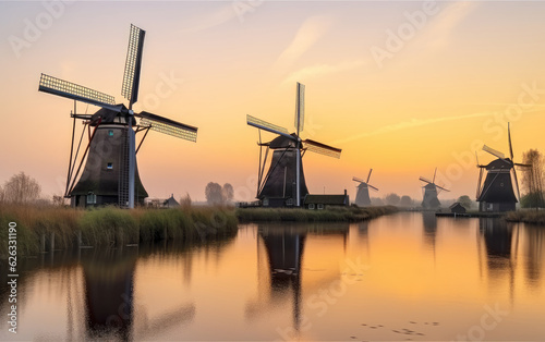 Windmills in Kinderdijk at sunset, The Netherlands, Generative AI.