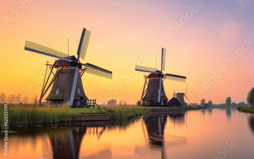 Fototapeta Windmills in Kinderdijk at sunset, The Netherlands, Generative AI