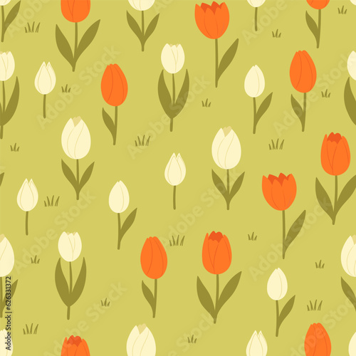 Seamless pattern with orange and white tulips. Vector graphics. © Екатерина Зирина