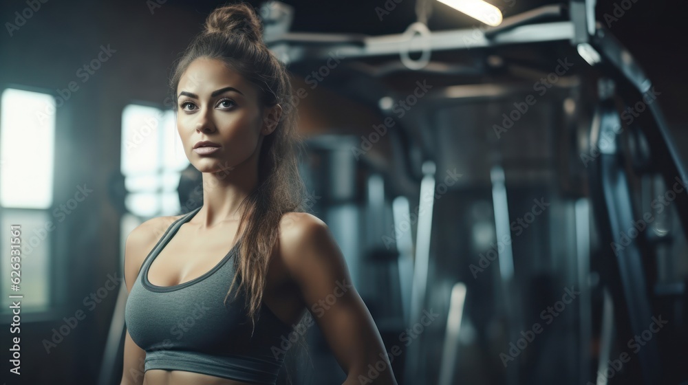 Beautiful young fitness girl in gym. Female fitness. Generative AI Beautiful young fitness girl in gym. Female fitness. Generative AI