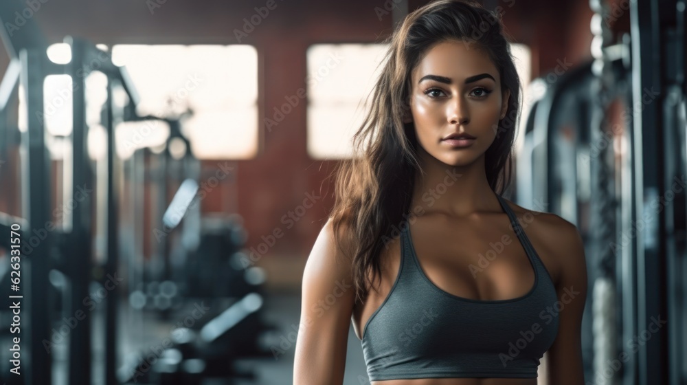 Beautiful young fitness girl in gym. Female fitness. Generative AI Beautiful young fitness girl in gym. Female fitness. Generative AI