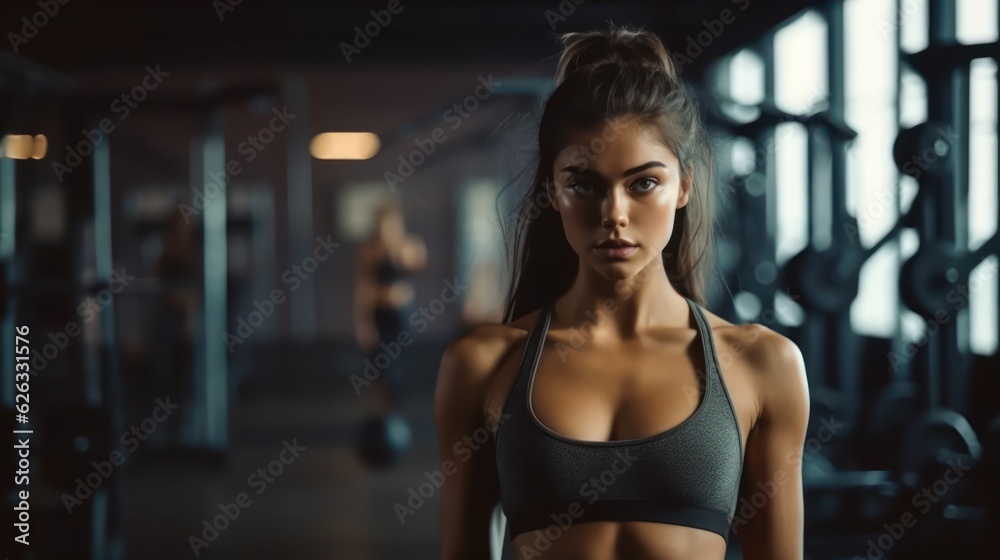 Beautiful young fitness girl in gym. Female fitness. Generative AI Beautiful young fitness girl in gym. Female fitness. Generative AI