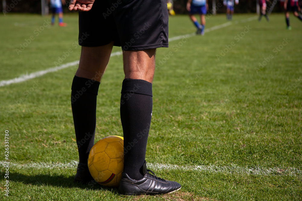 Fototapeta premium Half body Soccer referee standing back to back with a yellow ball between his legs