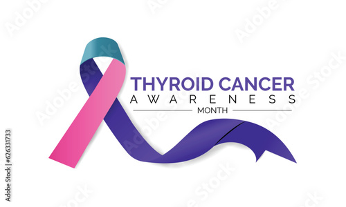 Thyroid cancer awareness month September. Calligraphy Poster Design. Realistic Teal and Pink and Blue Ribbon. September is Cancer Awareness Month.