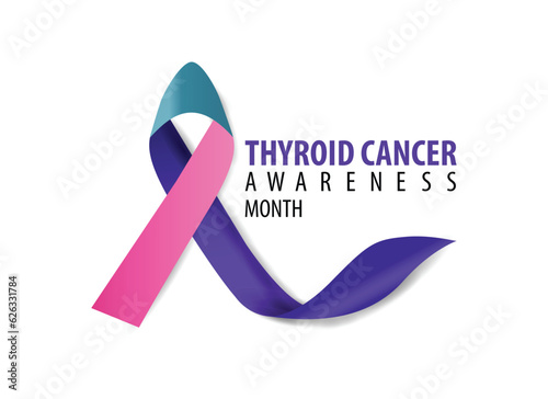 Thyroid cancer awareness month September. Calligraphy Poster Design. Realistic Teal and Pink and Blue Ribbon. September is Cancer Awareness Month.