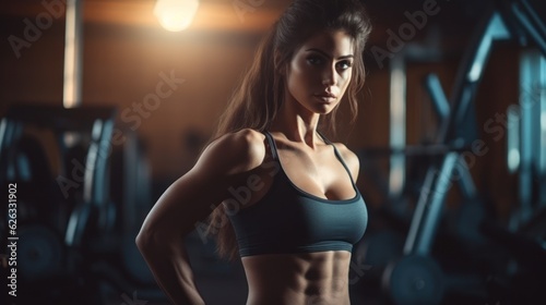 Beautiful young fitness girl in gym. Female fitness. Generative AI © Viktor