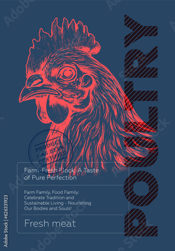 Poultry shop poster. Vintage sketch chicken on colored background. Butcher market retro print. Butchery label creative typography template. Natural farm meat placard. Engraving hen drawing eps artwork