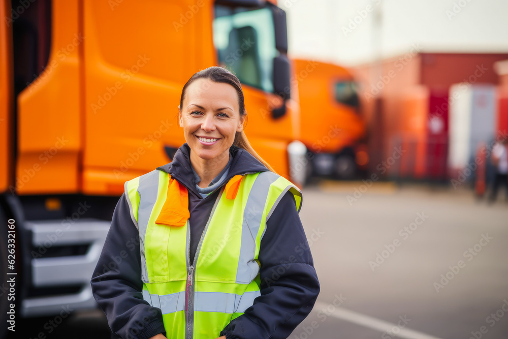 Portrait of a proud smiling female transportation inspector standing in front of transport trucks Portrait of a proud smiling female transportation inspector standing in front of transport trucks