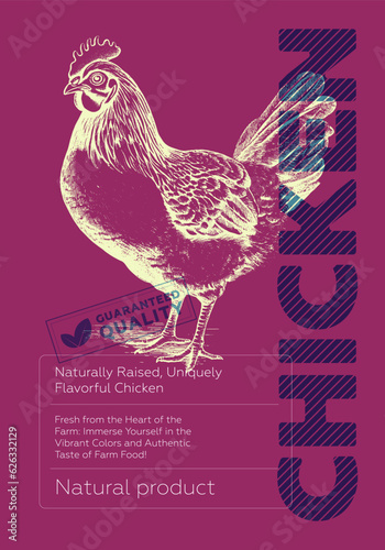 Poultry shop poster. Vintage sketch chicken on colored background. Butcher market promo print. Butchery label creative typography template. Natural farm meat placard. Engraving hen drawing eps artwork