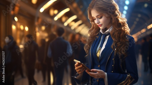 woman with phone on train background