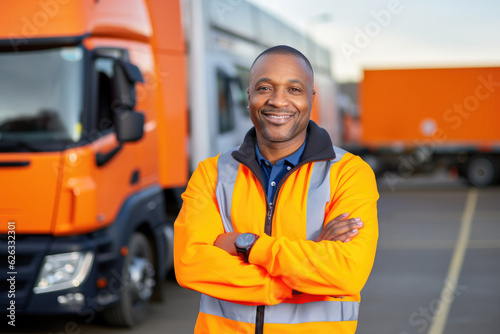 Portrait of a proud smiling male transportation inspector standing in front of transport trucks