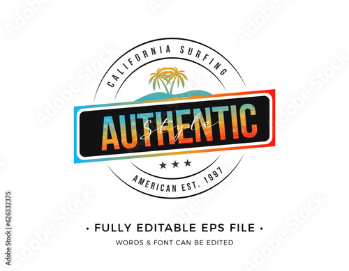 Surfing vintage label design with lettering composition
