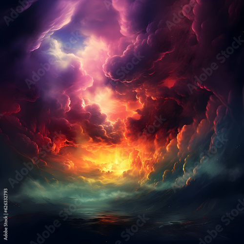Fantastic colorful storm clouds at night with fire inside