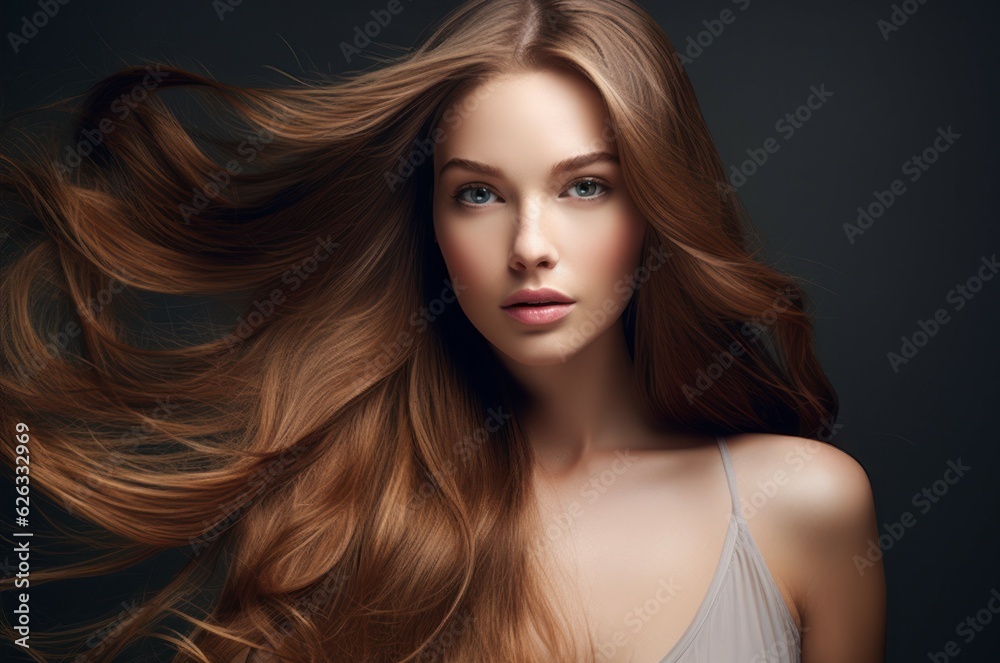 Naklejka premium Beautiful model woman with long hairstyle care and beauty hair products. 